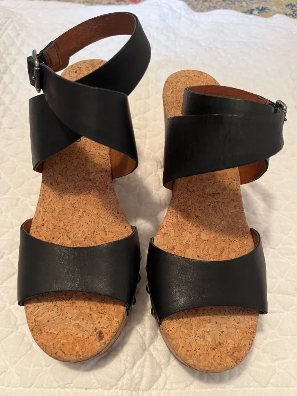 Lucky brand, black leather & cork wedge sandals